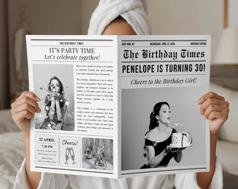 Plantilla de periódico de cumpleaños, plantilla editable de Canva para cumpleaños, invitación a fiesta, periódico grande imprimible para sesión de fotos, descarga digital