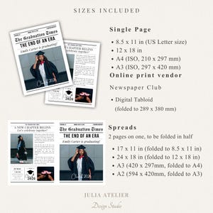 May include: A graduation announcement design with a newspaper theme. Headlines read "The Graduation Times" and "The End of an Era." Includes size options: 21 x 29.7 cm, 30.5 x 45.7 cm, A4, A3, and digital tabloid.