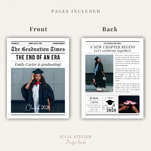 May include: A graduation announcement designed to look like a newspaper. The front displays a photo of a graduate in a cap and gown, with the headline "The Graduation Times." The back includes a message, event details, and a celebratory toast.