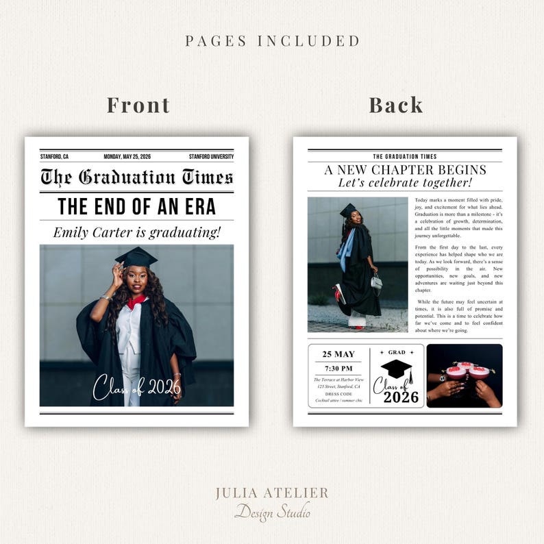 May include: A graduation announcement designed to look like a newspaper. The front displays a photo of a graduate in a cap and gown, with the headline "The Graduation Times." The back includes a message, event details, and a celebratory toast.