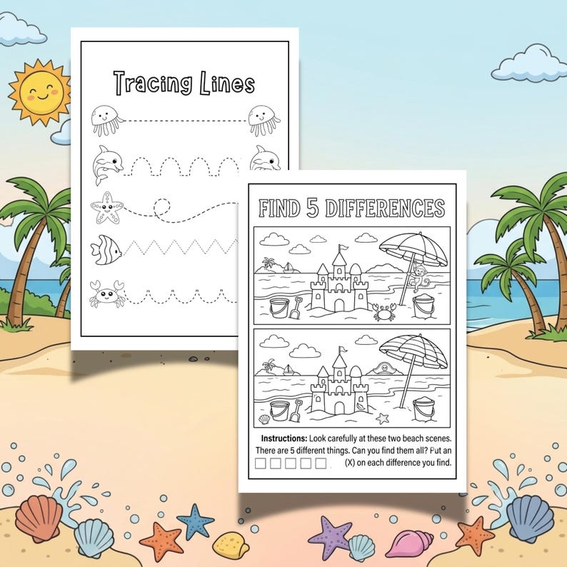 Printable Summer Activity Book for Kids Ages 4-8, Beach Ocean Crafts (Digital Download) image 5