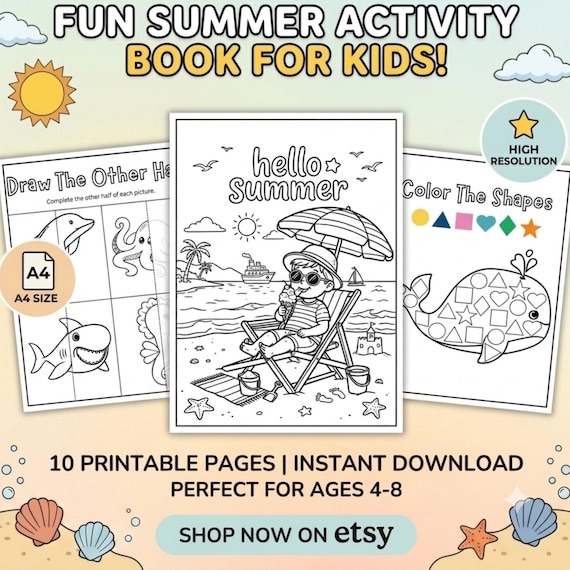Printable Summer Activity Book for Kids Ages 4-8, Beach Ocean Crafts (Digital Download)