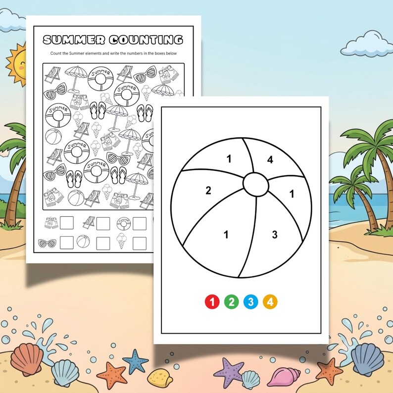 May include: Two black and white printable activity sheets. One sheet titled SUMMER COUNTING features various summer icons to count. The second sheet displays a large beach ball with numbered sections and a colour-coded key with red, green, blue, and orange circles.