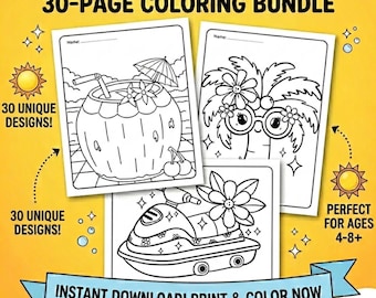 Summer Coloring Book for Kids, 30 Beach Ocean Pages (Digital Download)