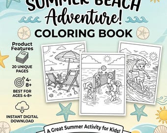 Summer Beach Coloring Book, Ocean Scenes, Family Fun, Ages 4-8 (Digital Download)