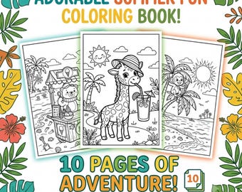 Summer Beach Coloring Book, Adorable Animals, Vacation Activity Pages (Digital Download)