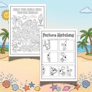 May include: Two black and white activity sheets for children. The first sheet is a maze titled HELP THE CHILD FIND THE ICE CREAM with a child, palm trees, and sandcastles. The second sheet is a Picture Matching game with sea creatures.