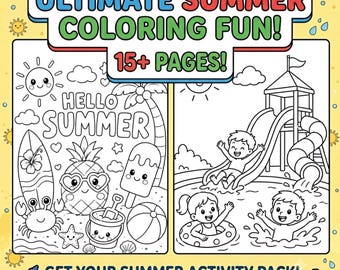 Kids Summer Coloring Book, 15+ Pages Activity Pack, Beach Fun Sheets (Digital Download)