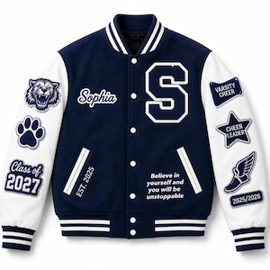 Personalized Custom Varsity Jacket, Embroidered Letterman Jacket Class of 2027, Custom Patch Mascot Cheer Coat, Streetwear Baseball Jacket