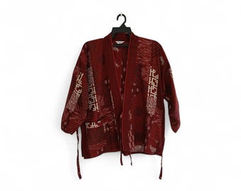 Vintage Burgundy Patterned Japanese Jinbei Top - Traditional Casual Loungewear