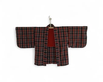 Vintage Red & Black Plaid Japanese Haori - Lined Traditional Kimono Jacket
