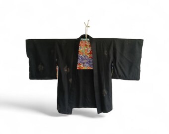 Vintage Silk Black Haori Jacket - Japanese Kimono Robe - Abstract Floral Lining - As Is Condition
