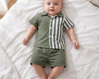 Conjunto de verano para bebé niño / Camisa y pantalón corto a rayas con diseño de patchwork.