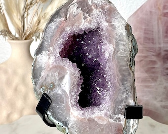 Purple Amethyst Geode on Black Stand // Polished Crystal Quartz Pink Blue Agate Green Jasper Natural Stone Mineral Rock Spiritual Home Decor