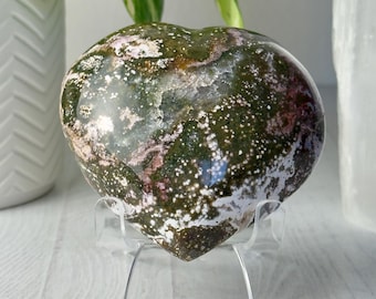 Jaspe oceánico con forma de corazón hinchado // Piedra de palma de cristal pulido, rosa, verde, roca mineral de Madagascar natural, orbicular, cuarzo druzy coleccionable