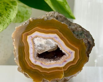 Geoda de ágata cóndor con calcita // Bandas naranjas, moradas y rojas, cristal druzy natural, piedra mineral coleccionable, pulida en bruto