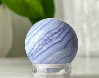 Blue Lace Agate Sphere // 36MM High Grade Polished Crystal Stone Anxiety Calming Throat Chakra Healing Meditation Natural Mineral Rock