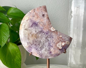 Pink Amethyst Flower Agate Moon on Rose Gold Stand // Purple Crystal Golden Healer Quartz Polished Natural Healing Decor Mineral Stone