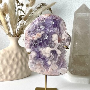 Pink Amethyst Slab on Gold Stand // Large Big Statement Crystal Polished Purple Quartz Natural Healing Mineral Rock Stone Decor High Quality