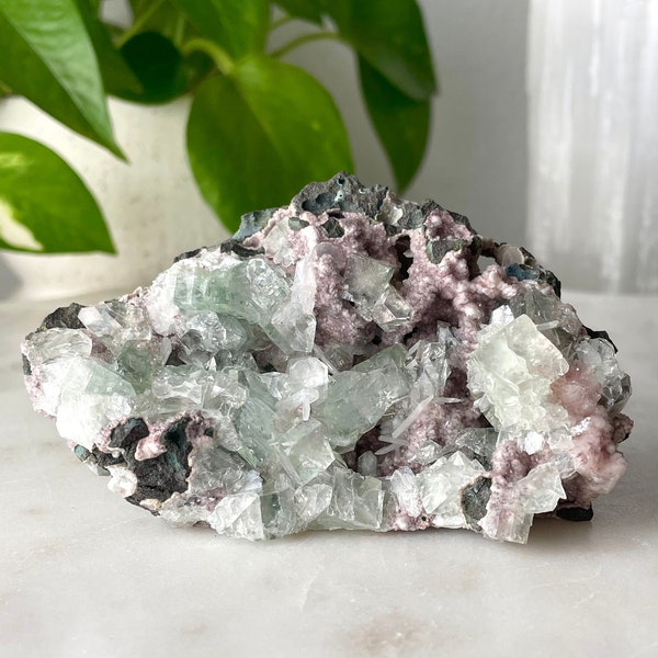 Green Apophyllite on Pink Chalcedony Crystal Cluster // Rare AAA Quality Druzy Display Specimen Raw Natural Mineral Rock Stone Healing