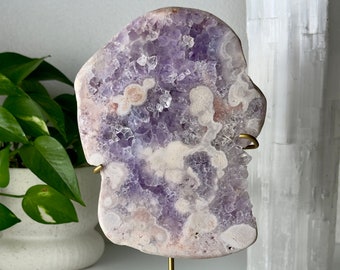 Pink Amethyst Slab on Gold Stand // Large Big Statement Crystal Polished Purple Quartz Natural Healing Mineral Rock Stone Decor High Quality