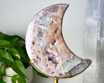 Druzy Pink Amethyst Moon on Spinning Gold Stand // Polished Crystal Quartz Natural Purple Orange Stone Spiritual Decor Heart Chakra Healing