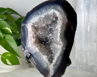 Rainbow Amethyst Crystal Geode // Polished Agate Quartz Druzy Natural Mineral Rock Stone Black Stand Uruguay Unique Decor