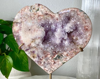 Druzy Pink Amethyst Heart on Gold Stand // Large Big Display Crystal Polished Natural Healing Decor Mineral Rock Stone Heart Chakra Healing