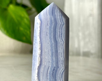 Blue Lace Agate Tower // Polished Crystal Point Natural Banded Stone Calming Stress Anxiety Throat Chakra Healing Meditation Mineral Rock