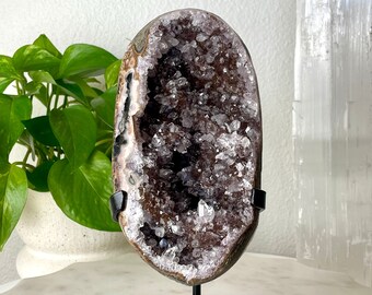 Red Amethyst Quartz Geode on Black Stand // Natural Polished Purple Crystal Display Stone Mineral Rock Spiritual Healing Home Decor