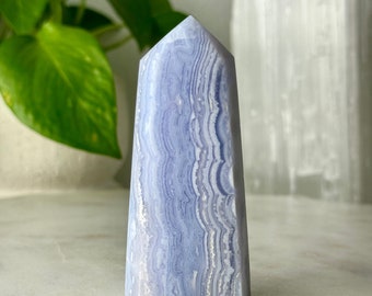 Blue Lace Agate Tower // Polished Crystal Point Natural Banded Stone Calming Stress Anxiety Throat Chakra Healing Meditation Mineral Rock