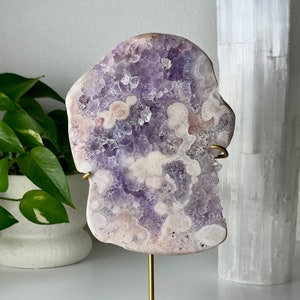 Pink Amethyst Slab on Gold Stand // Large Big Statement Crystal Polished Purple Quartz Natural Healing Mineral Rock Stone Decor High Quality