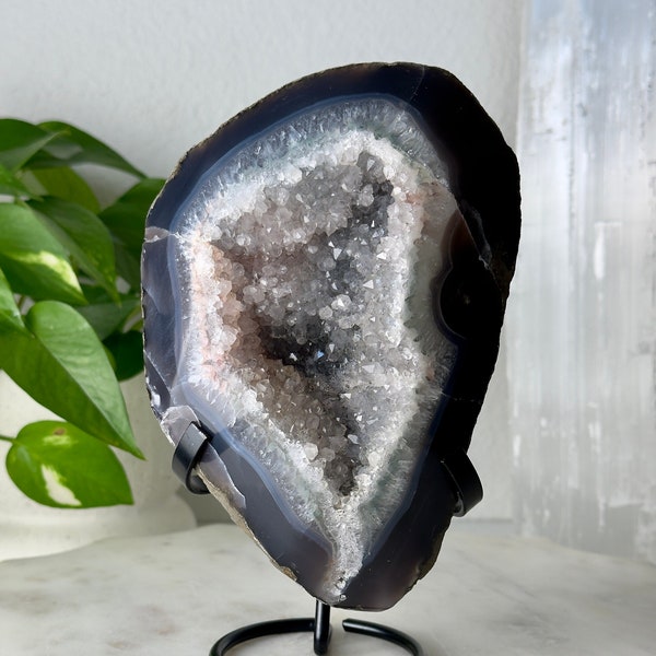 Rainbow Amethyst Crystal Geode // Polished Agate Quartz Druzy Natural Mineral Rock Stone Black Stand Uruguay Unique Decor