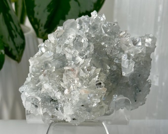 Grupo de cristales de apofilita diamante // Ejemplar de piedra transparente de calidad AAA, calcedonia azul, estilbita melocotón, roca mineral natural en bruto