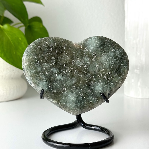 Green Amethyst Druzy Crystal Heart // Black Stand Natural Sparkly Raw Stone Mineral Rock Large Statement Decor Collectible