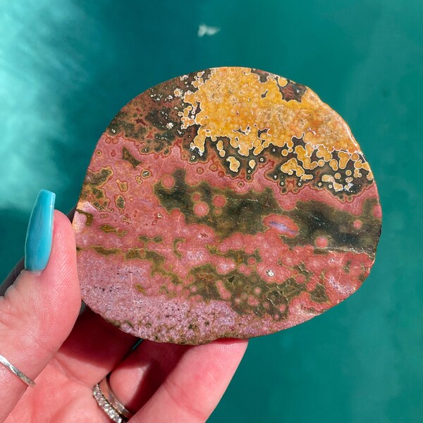 Ocean Jasper Slab // Polished Crystal Stone Slice, Pink Purple Red Yellow Natural Mineral Rock, Heart Chakra Meditation Healing, Plate
