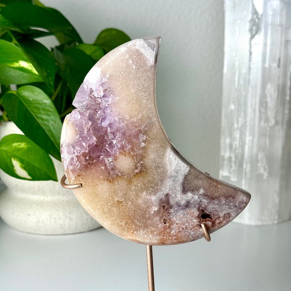 Druzy Pink Amethyst Moon on Gold Stand // Polished Crystal Quartz Natural Stone Display Spiritual Decor Mineral Rock Heart Chakra Healing