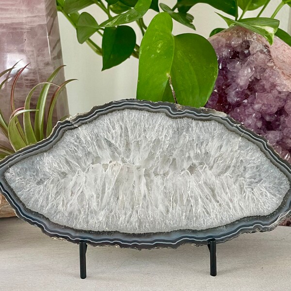 Blue Agate Slab // White Quartz Banding, Polished Crystal Stone Thick Slice, Display Plate, Natural Geode Mineral Rock, Spiritual Home Decor