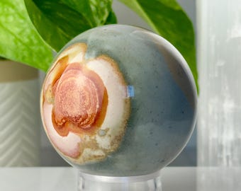 Esfera de jaspe policromado // 63 mm Cristal colorido azul naranja amarillo Piedra pulida Mineral natural Energía de conexión a tierra Meditación Objeto de colección