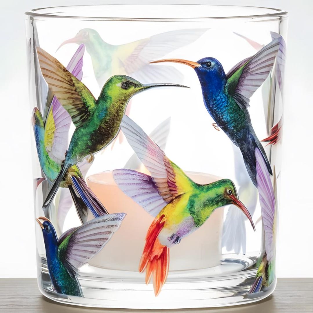 Glass Tealight Holder With Hummingbird Artwork Decorative Votive Candle ...