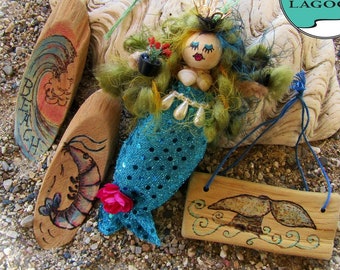 Mermaid ornament, beach, whale tail, and shrimp magnets and ocean ornaments, 4 pcs total, woodburned, handcrafted. Set A.