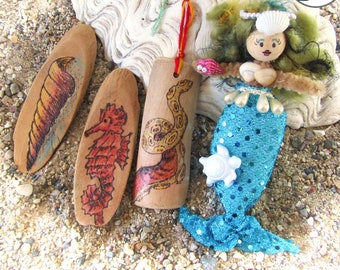 Mermaid ornament, shell, seahorse, tentacle sealife magnets and ornaments, 4 pcs total, woodburned ocean ornaments. Set E.