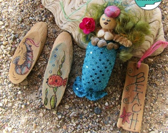 Mermaid ornament, beach, puffer fish, and shrimp driftwood magnets and ornaments, 4 pcs total, woodburned, handcrafted, Set B.