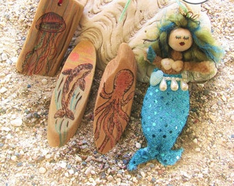 Mermaid, orca, octopus, jellyfish, handmade magnets and ornaments, 4 pcs total, woodburned ornaments. Set D.