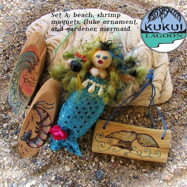 Fluffy Mermaid ornament with set of beach magnets and ornaments (beach, whale tail, shrimp), 4 pcs total, woodburned, handcrafted. Set A.