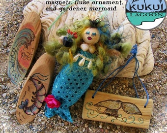 Fluffy Mermaid ornament with set of beach magnets and ornaments (beach, whale tail, shrimp), 4 pcs total, woodburned, handcrafted. Set A.