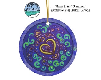 Sea Turtle Ceramic Ornament, Round, "Honu Stars" Art by Dawn Ventimiglia