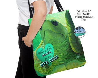 Sea Turtle Reusable Tote Bag, Beach Carryall with Ocean Quote, Durable Black Handles, 18" x 18" Washable Shopping Bag