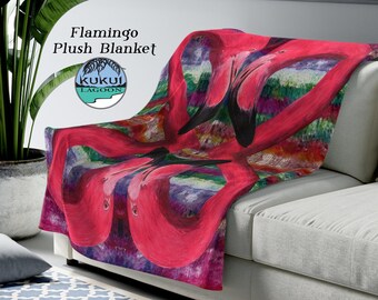 Flamingo Plush Blanket, Soft Throw, Pink "Flamingo Fringe" Art by Dawn Ventimiglia