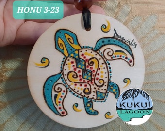 Sea Turtle Ornament, Hawaiian Honu Style, 4" Handpainted Wood with Ribbon and Bead, HONU323